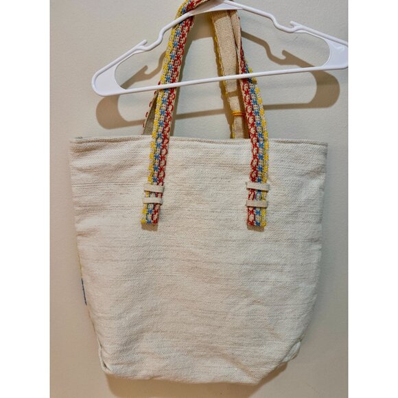 Canvas Tote Bag With Red Stripes Yellow & Blue Accents Multicolor Handles - Picture 4 of 8